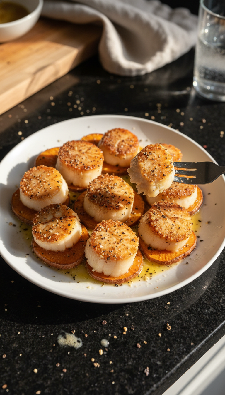 Peppered Scallops on Sweet Potato