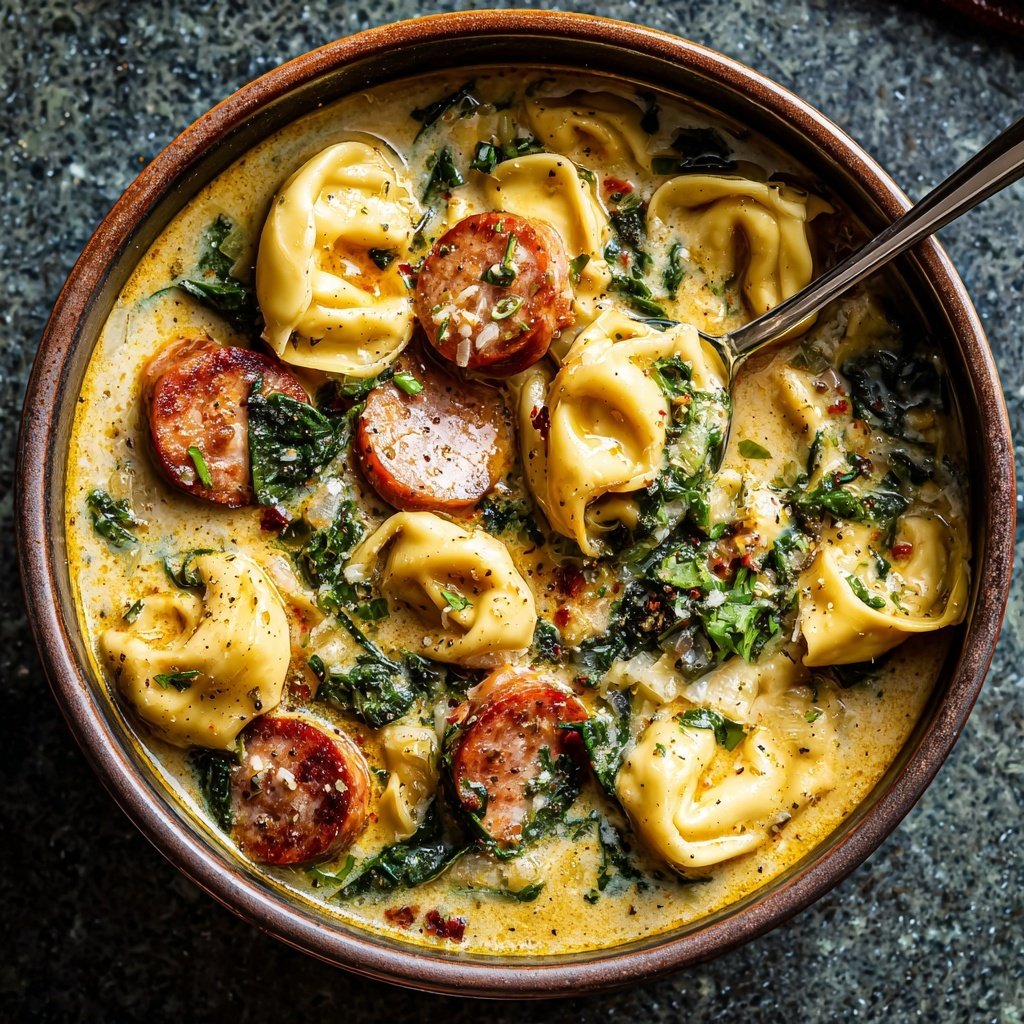 Romige tortellini soep met Italiaanse worst